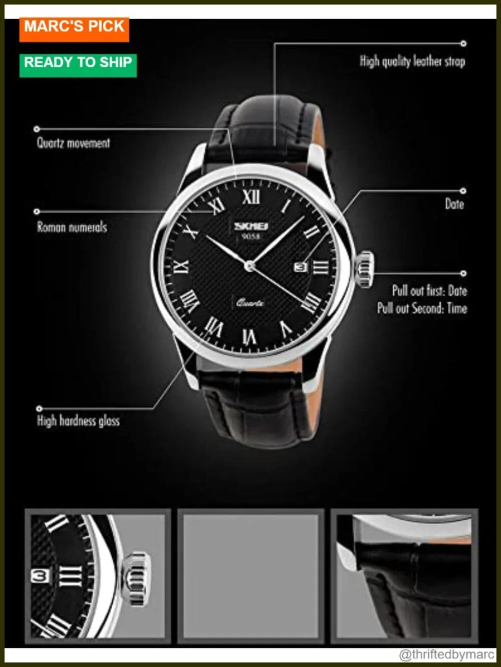 Roman Numeral Quartz Wrist Watch with Calendar 30M Waterproof Leather Strap